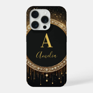Benutzerdefinierter Name Schwarzer Glitter Monogra iPhone 15 Pro Hülle