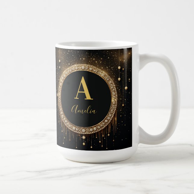 Benutzerdefinierter Name Schwarzer Glitter Monogra Kaffeetasse (Rechts)