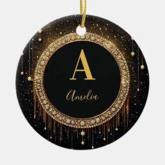 Benutzerdefinierter Name Schwarzer Glitter Monogra Keramik Ornament