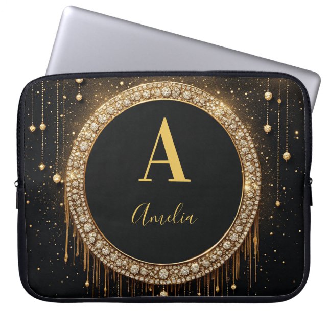 Benutzerdefinierter Name Schwarzer Glitter Monogra Laptopschutzhülle (Vorderseite)