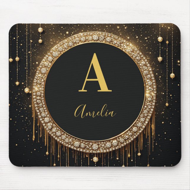 Benutzerdefinierter Name Schwarzer Glitter Monogra Mousepad (Vorne)
