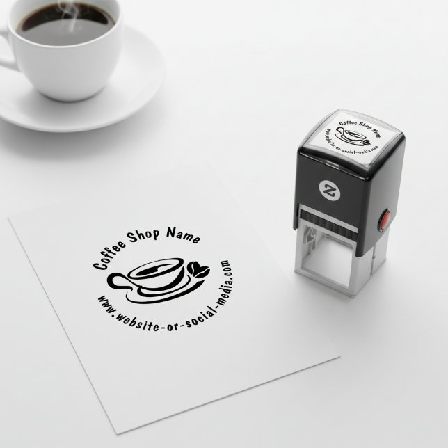 Benutzerdefinierter Name und Website des Coffeesho Permastempel (Round promotional self inking stamp for a coffee shop.)