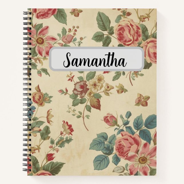 Benutzerdefinierter Name Vintage-Blumenmuster  Notizbuch (Vorderseite)