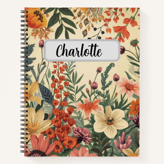 Benutzerdefinierter Name Vintage-Blumenmuster  Notizbuch (Vorderseite)