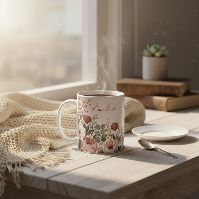 Benutzerdefinierter Name Wasserfarbe Pfingstrose B Kaffeetasse (Custom Name Watercolor Peony Botanical for Her Coffee Mug)