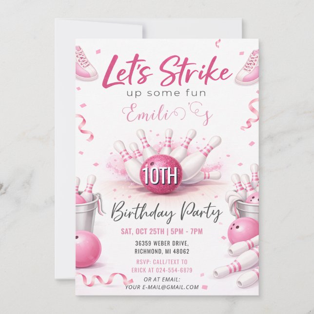 Benutzerdefinierter Pink Bowling Geburtstag Einladung (Vorderseite)