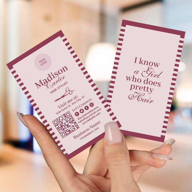 Benutzerdefinierter QR-Code für Friseur mit rosa V Visitenkarte (Von Creator hochgeladen)