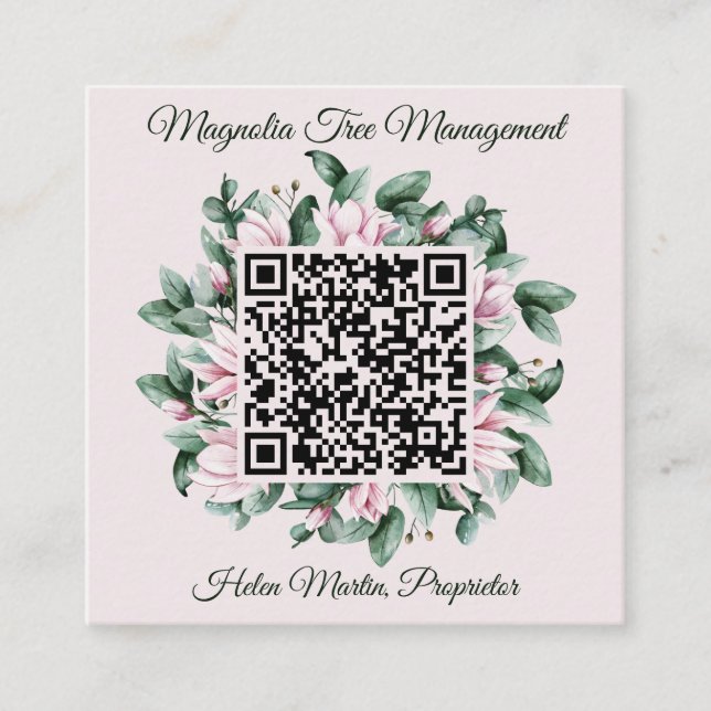 Benutzerdefinierter QR-Code Magnolische Blume-Rahm Quadratische Visitenkarte (Vorderseite)