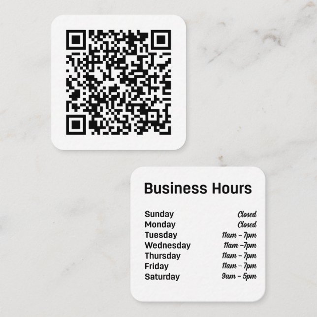 Benutzerdefinierter QR-Code mit Geschäftszeiten Quadratische Visitenkarte (Vorne/Hinten)