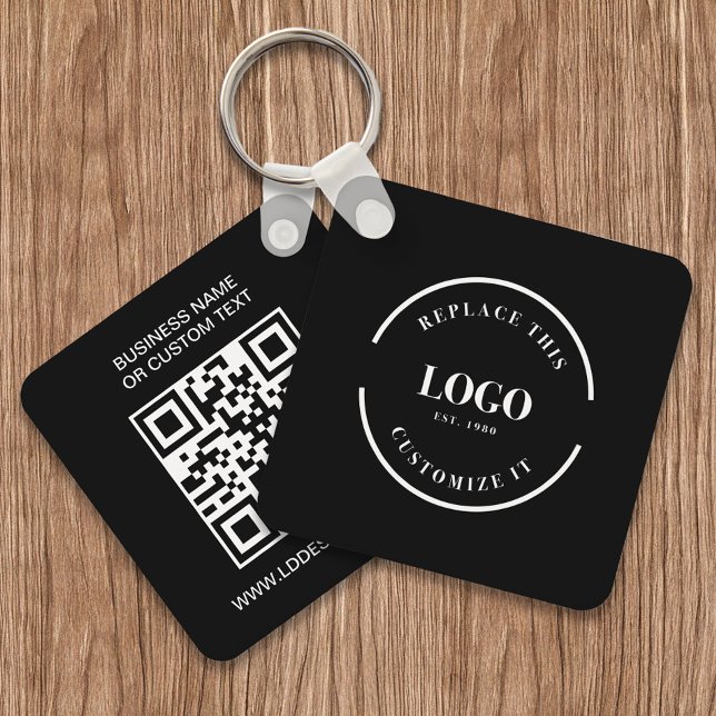 Benutzerdefinierter QR-Code-Website-Text schwarz Schlüsselanhänger (Front and back of double sided black keychain. Customizable business logo, text and website QR code,)