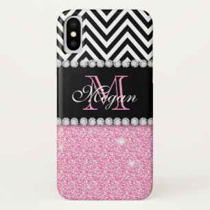 Benutzerdefinierter rosa Glitter Schwarz Chevron M iPhone X Hülle