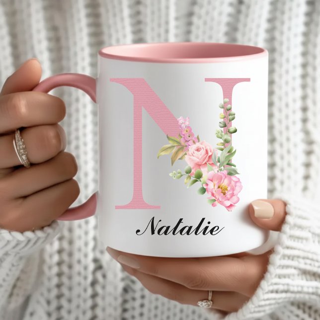 Benutzerdefinierter rosa Rosen Blumenmonogramm-Tas Tasse (Personalized Floral Mug Christmas Gift for Her, Pink Rose Monogram Mug Bridal Shower Gift for Her)