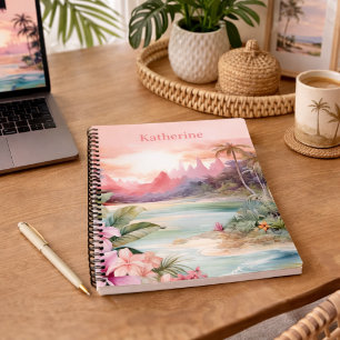 Benutzerdefinierter Rosa Tropischer Strand Name Notizbuch