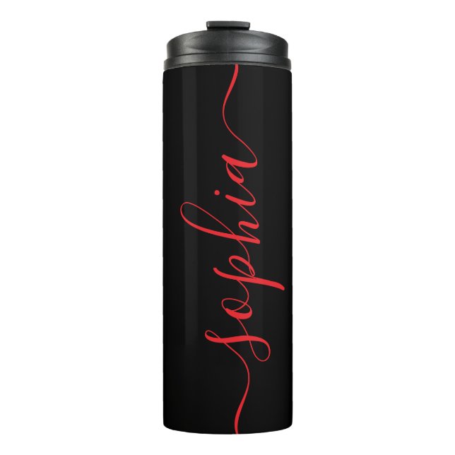 Benutzerdefinierter roter Schriftname schwarzer th Thermosbecher (Vorderseite)