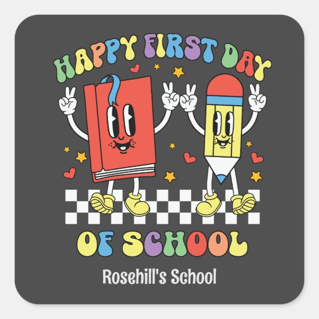 Benutzerdefinierter Schulname Zurück zur Schule Quadratischer Aufkleber (Vorderseite)