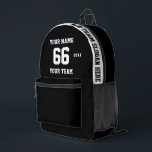 Benutzerdefinierter schwarzer und weißer Name, Num Bedruckter Rucksack<br><div class="desc">Erstellen Sie Ihren eigenen schwarz-weißen Sport Football Style bedruckten Rucksack mit Name, Nummer, Teamname, Slogan und Jahr. Personalisieren Sie diese einfache, klassische gedruckte Rucksack-Vorlage mit Ihrer benutzerdefinierten Nachricht, Name, Teamname und Jahr. Einfach für einen coolen Sportgenuss personalisieren. Kreieren Sie Ihr einzigartiges personalisiertes Geschenk für Trainer, Geburtstag eines Jungen, Fußballspieler, Teamkollegen...</div>