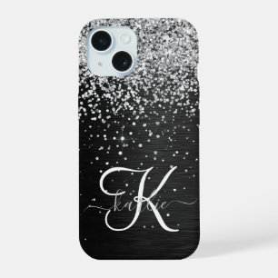 Benutzerdefinierter Silber Glitter Schwarz Glanz M iPhone 15 Hülle
