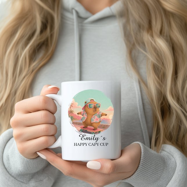 Benutzerdefinierter Skateboard Happy Capybara Bech Kaffeetasse (Custom Skateboard Capybara Cup Name Custom Mug with your Name & Text.)