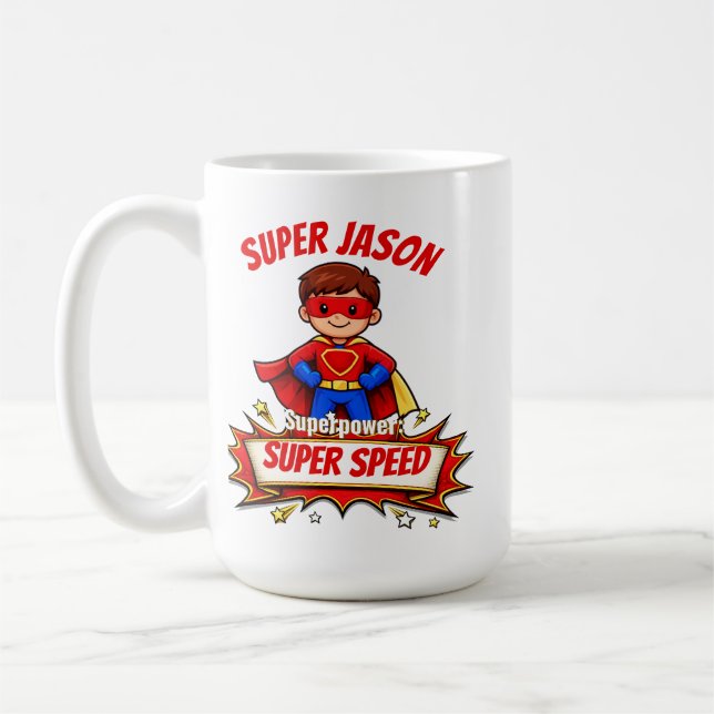 Benutzerdefinierter Superheldenname & Superkraft f Kaffeetasse (Links)