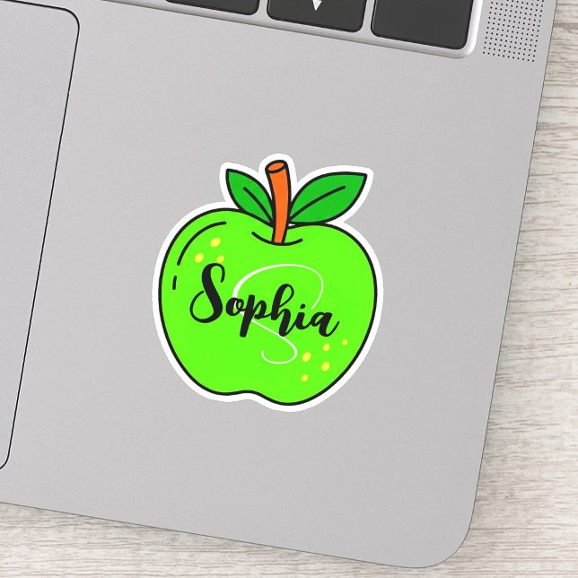 Benutzerdefinierter süßer Name & Monogramm | Grüne Aufkleber (Personalized green apple teacher sticker, custom monogram name decal, cute green apple teacher gift)