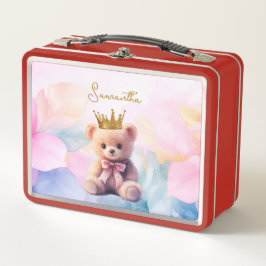 Benutzerdefinierter Teddybär Rosa Band Goldkrone Metall Brotdose