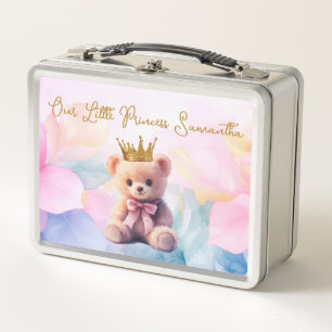 Benutzerdefinierter Teddybär Rosa Band Goldkrone Metall Brotdose