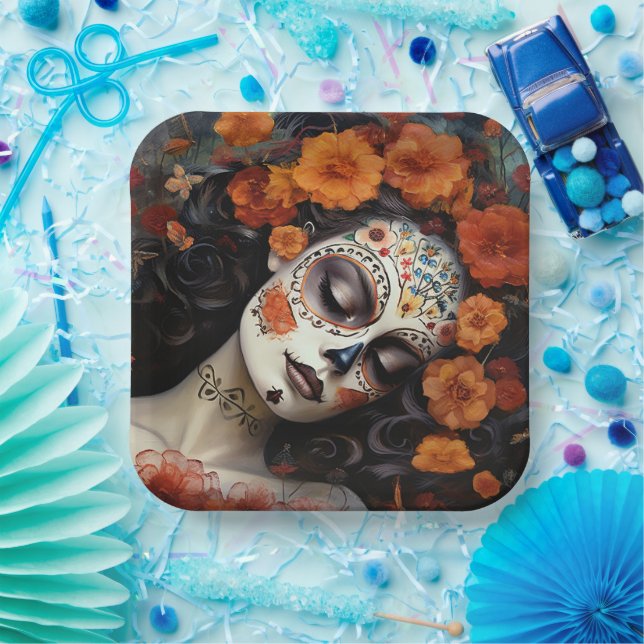 Benutzerdefinierter Text 💀 Artful La Calavera Cat Pappteller (Party)