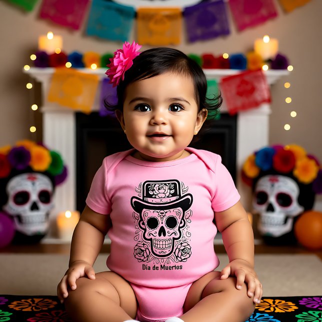 Benutzerdefinierter Text 💀 B/W (Farbe Ihrer eigen Baby Strampler (Custom text 💀 BW (color your own) Día de Muertos Baby Bodysuit)