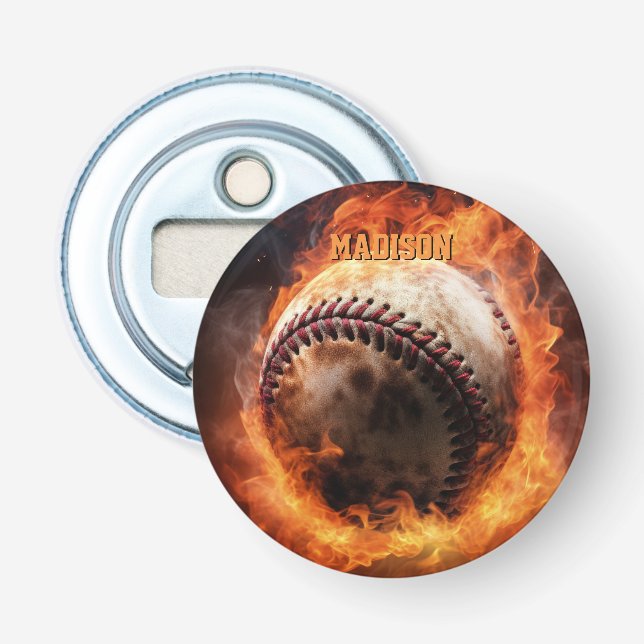 Benutzerdefinierter Text-Baseball auf Feuer Flaschenöffner (Vorderseite)