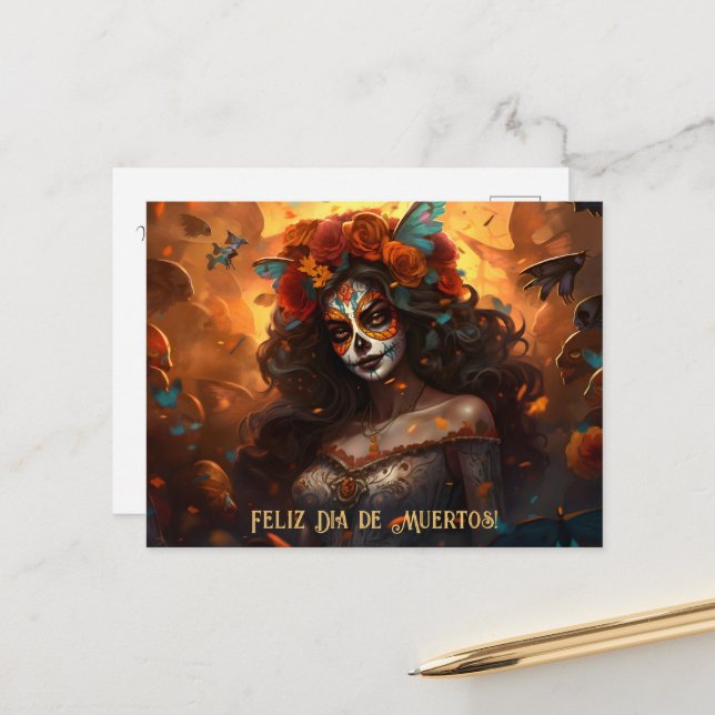 Benutzerdefinierter Text Dia de Muertos La Calaver Postkarte (Vorderseite/Rückseite Beispiel)