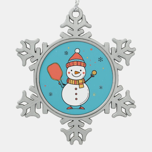 Benutzerdefinierter Text Dinking Snowman Schneeflocken Zinn-Ornament (Vorderseite)