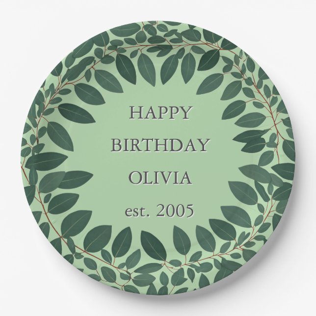 Benutzerdefinierter Text Eukalyptus Rahmen - grün Pappteller (Vorderseite)