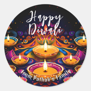 Benutzerdefinierter Text, Frohes Diwali Multi-Diya Runder Aufkleber