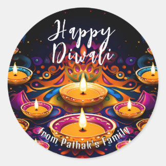 Benutzerdefinierter Text, Frohes Diwali Multi-Diya Runder Aufkleber
