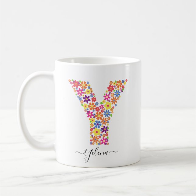 Benutzerdefinierter Text für Monogramm-Blume - Blu Kaffeetasse (Links)