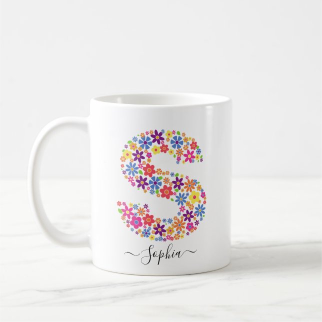 Benutzerdefinierter Text für Monogramm-Blume - Blu Kaffeetasse (Links)