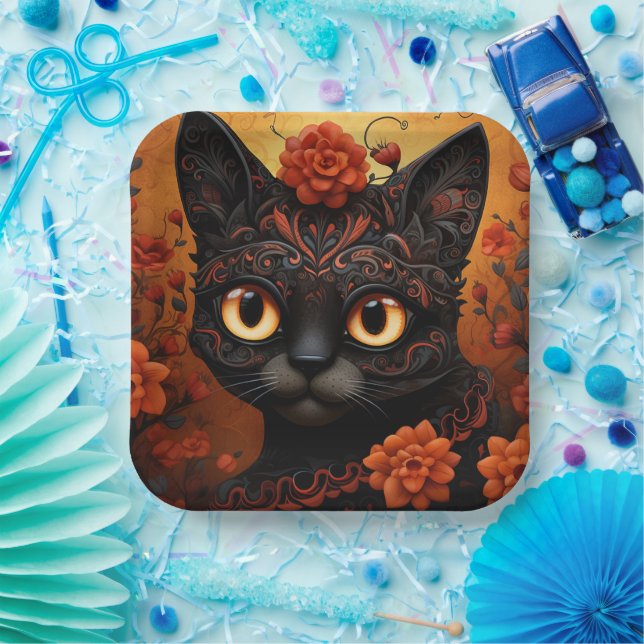 Benutzerdefinierter Text 💀 😺 Gato De Los Muertos Pappteller (Party)