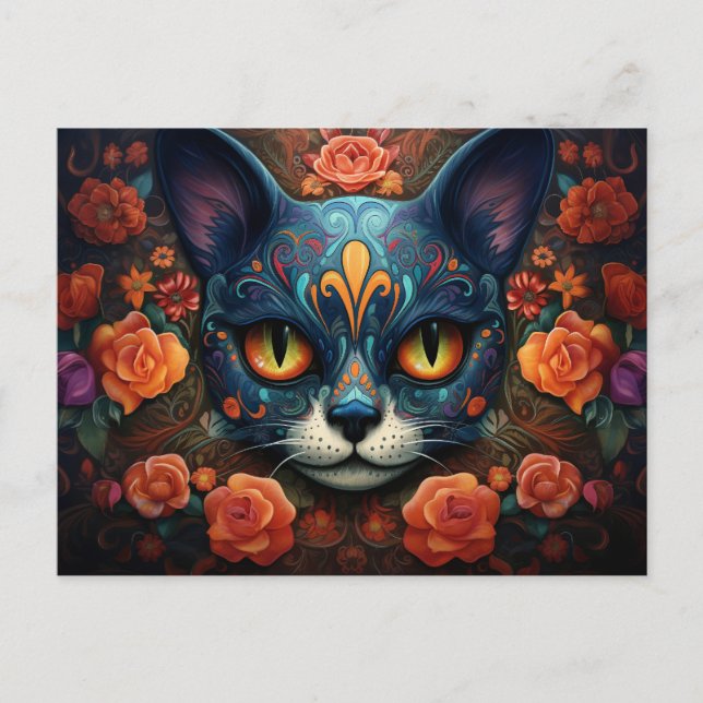 Benutzerdefinierter Text 💀 😺 Gato De Los Muertos Postkarte (Vorderseite)