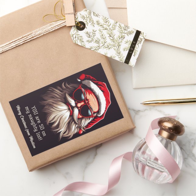 Benutzerdefinierter Text Grumpy Santa Rechteckiger Aufkleber (Schenken)