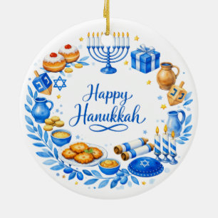 Benutzerdefinierter Text Happy Hanukkah Kranz Keramik Ornament