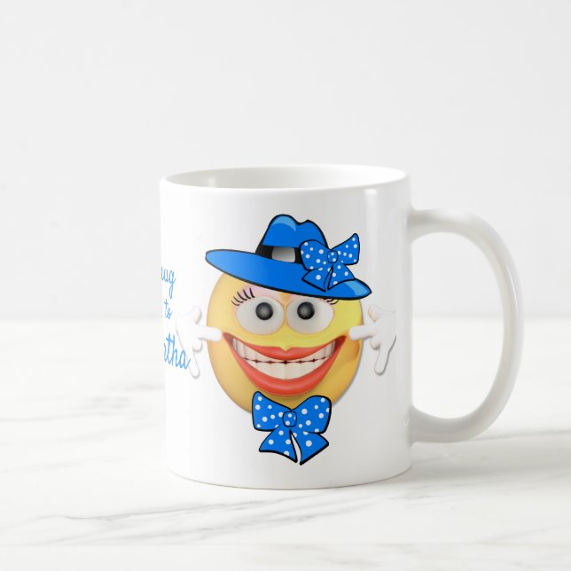 Benutzerdefinierter Text lächelt Emoji in Blue Hat Kaffeetasse (Rechts)