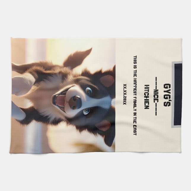 Benutzerdefinierter Text, niedlicher Schwarzweißhu Geschirrtuch (Horizontal)