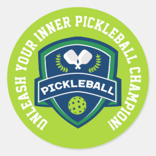 Benutzerdefinierter Text Pickleball grün und blau Runder Aufkleber
