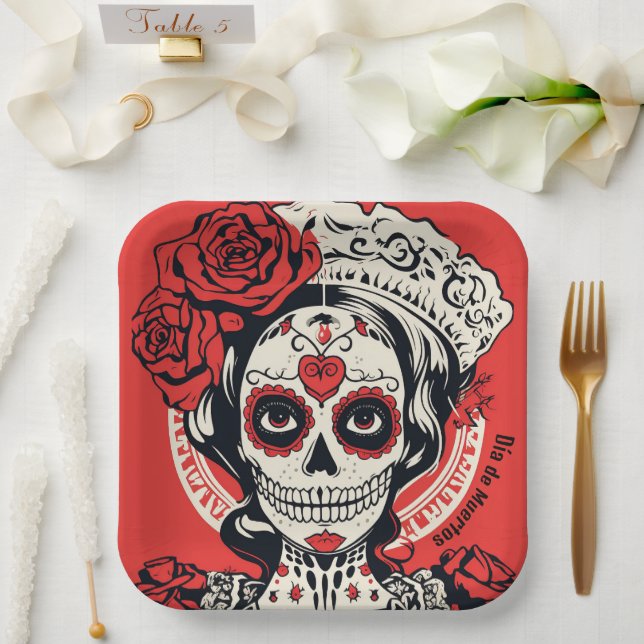 Benutzerdefinierter Text 💀 Pop Art Calavera Rot & Pappteller (Hochzeit)