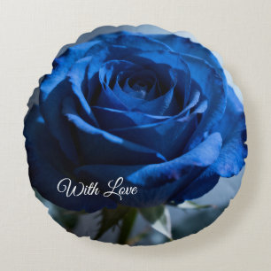 Benutzerdefinierter Text – Romantische blaue Rosen Rundes Kissen