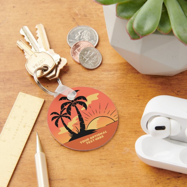 Benutzerdefinierter Text Tropeninsel Sonnenset Schlüsselanhänger (Schreibtisch)