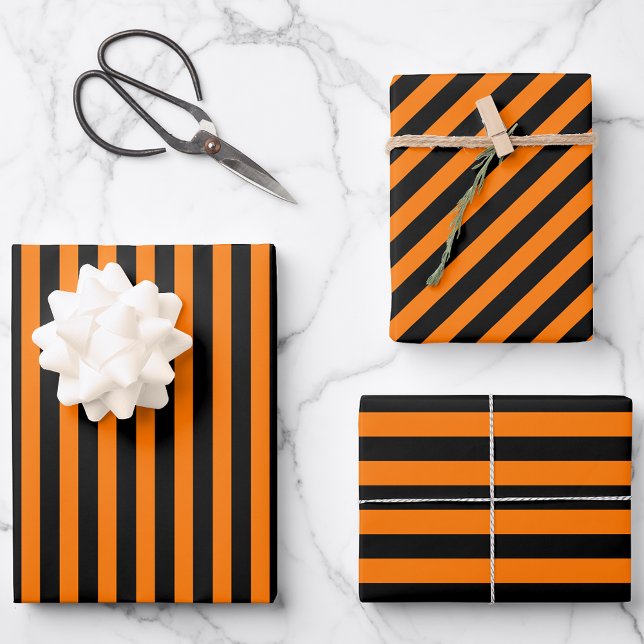 Benutzerdefinierter Text von Halloween-Schwarzen S Geschenkpapier Set (Halloween Orange Black Stripes Pattern Custom Text Wrapping Paper Sheets)