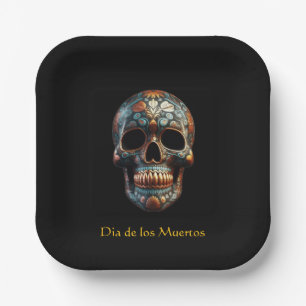 Benutzerdefinierter Türkis-Gold-Día-de-los-Muertos Pappteller