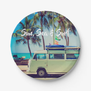 Benutzerdefinierter, vintage Strandcamper-Bus und Pappteller