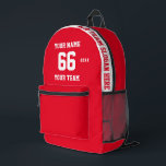 Benutzerdefinierter weißer Name, Nummer, Teamsport Bedruckter Rucksack<br><div class="desc">Erstellen Sie Ihren eigenen, ganz eigenen, weißen, roten Sport Football Style bedruckten Rucksack mit Name, Nummer, Teamname, Slogan und Jahr. Personalisieren Sie diese einfache, klassische gedruckte Rucksack-Vorlage mit Ihrer benutzerdefinierten Nachricht, Name, Teamname und Jahr. Einfach für einen coolen Sportgenuss personalisieren. Kreieren Sie Ihr einzigartiges personalisiertes Geschenk für Trainer, Geburtstag eines...</div>